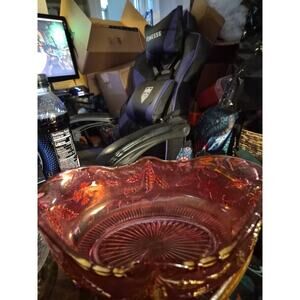 Antique EAPG Berry Bowl In Delaware Cranberry Stipped Crystal With Embossed...